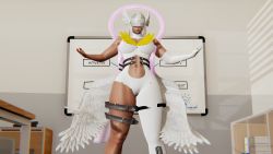 angewomon ass belt costume covered_eyes dark-skinned_female dark_skin digimon digimon_(creature) english_text falling_feathers feathers gloves highres huge_ass knees muscular muscular_female o-ring o-ring_belt solo tan theboldasschewbacca thigh_strap thighs wide_hips