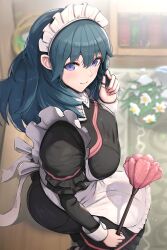  1girl absurdres alternate_costume apron ass black_dress blue_eyes blue_hair blush breasts broken broken_vase byleth_(female)_(fire_emblem) byleth_(fire_emblem) dress duster enmaided fire_emblem fire_emblem:_three_houses flower gonzarez hair_between_eyes highres indoors large_breasts long_hair long_sleeves looking_at_viewer maid maid_headdress nervous nervous_smile nintendo playing_with_own_hair revision sitting smile solo vase white_apron white_flower 