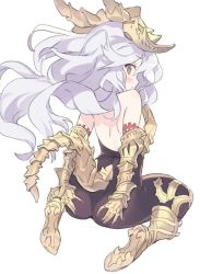 1girl armored_boots ass backless_outfit black_bodysuit blade_(galaxist) blush bodysuit boots commentary_request full_body gauntlets granblue_fantasy grey_hair hair_between_eyes hands_on_own_ass knee_boots long_hair looking_at_viewer looking_back medusa_(shingeki_no_bahamut) profile red_eyes shingeki_no_bahamut shoe_soles simple_background sitting solo very_long_hair wariza white_background rating:Sensitive score:20 user:danbooru