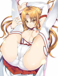  10s 1girl ass asuna_(sao) blush breasts brown_eyes brown_hair cameltoe detached_sleeves legs legs_up long_hair open_mouth panties parted_lips shiny_skin skirt solo sword_art_online thighhighs underwear  rating:Questionable score:90 user:armorcrystal