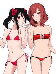  2girls :o :p absurdres bikini black_hair bow breasts collarbone hair_bow highres holding_hands interlocked_fingers looking_at_viewer love_live! love_live!_school_idol_project medium_breasts medium_hair multiple_girls navel nishikino_kee nishikino_maki parted_lips purple_eyes red_bikini red_bow red_eyes red_hair side-tie_bikini_bottom simple_background small_breasts stomach swimsuit tongue tongue_out twintails white_background yazawa_nico yuri 