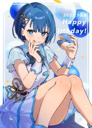  1girl :p balloon bare_legs blue_eyes blue_hair blush border clover_hair_ornament commentary_request dated doughnut dress feet_out_of_frame food food_on_face grey_background grey_dress hair_ornament happy_birthday highres holding holding_food kiritani_haruka knees_up looking_at_viewer project_sekai short_hair short_sleeves simple_background solo tongue tongue_out uminokaisen wrist_cuffs 