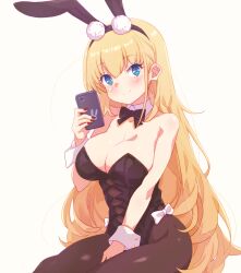  1girl arbiter1 azur_lane blonde_hair blue_eyes bow bowtie breasts bunny_girl cellphone cleavage cufflinks hair_behind_ear holding holding_phone large_breasts leotard long_hair looking_at_viewer nail_polish north_carolina_(azur_lane) north_carolina_(the_heart&#039;s_desire)_(azur_lane) official_alternate_costume phone rabbit_ears rabbit_sticker rabbit_tail ribbon smartphone smile thighhighs very_long_hair 
