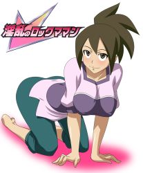  00s 1girl all_fours barefoot blouse blush breasts brown_eyes brown_hair bursting_breasts capcom capri_pants cleavage covered_erect_nipples curvy feet female_focus hanging_breasts hip_focus hope_stelar_(mega_man) large_breasts makino_tomoyasu mature_female mega_man_(series) mega_man_star_force pants ponytail shirt short_hair skirt smile solo spiked_hair squatting thighhighs wide_hips  rating:Questionable score:326 user:echlight