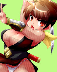  1girl breasts brown_hair cleavage female_focus fishnets headband large_breasts marimo_(ankokumarimo) ninja open_clothes open_mouth open_shirt original panties red_eyes shirt shuriken simple_background solo sword underwear weapon white_panties 