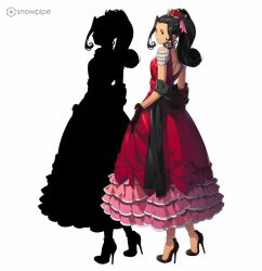  1girl alternate_costume artist_request bare_shoulders black_footwear black_gloves black_hair bow company_name curly_ends curly_sidelocks dress english_text flower from_side fur-trimmed_gloves fur_trim glove_bow gloves green_eyes hair_flower hair_ornament half_updo high_heels high_ponytail jewelry layered_dress logo looking_back necklace official_art parted_bangs pearl_necklace ponytail red_bow red_dress red_flower red_rose rose sakura_taisen sega silhouette simple_background smile soletta_orihime solo standing third-party_source tied_dress watermark white_background 