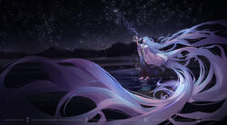  1boy absurdly_long_hair artist_name barefoot blue_hair blue_hakama chinese_commentary closed_eyes commentary_request english_text from_side full_body hakama hand_up haori highres jacket japanese_clothes lake long_hair long_sleeves making-of_available male_focus mountainous_horizon night night_sky original sanshui_guantang sky solo star_(sky) starry_sky very_long_hair walking walking_on_liquid white_jacket white_sleeves wide_sleeves 