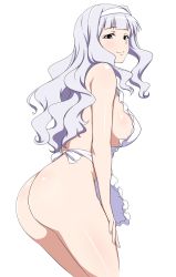 1girl absurdres apron ass blush breasts cowboy_shot hairband hands_on_own_thighs highres idolmaster idolmaster_(classic) jabara_tornado large_breasts leaning_forward long_hair looking_at_viewer looking_back naked_apron no_bra no_panties purple_eyes shijou_takane sideboob silver_hair simple_background smile solo standing white_background rating:Questionable score:60 user:danbooru
