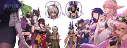  2boys 6+girls :q absurdres ahoge animal_ears arms_up bare_shoulders beidou_(genshin_impact) bird_mask black_nails black_pantyhose black_thighhighs blonde_hair bodystocking breast_curtain breasts bridal_gauntlets brown_hair capelet chinese_clothes cleavage clorinde_(genshin_impact) closed_mouth colored_eyepatch commentary_request cone_hair_bun cyno_(genshin_impact) detached_sleeves dori_(genshin_impact) double_bun dress earrings eyepatch finger_to_own_chin fingerless_gloves fischl_(genshin_impact) flower fox_ears fox_shadow_puppet garter_straps genshin_impact glasses gloves green_eyes green_hair grey_hair hair_bun hair_ears hair_ornament hair_over_one_eye hair_stick hairpin hand_on_own_chest hand_on_own_hip harem_outfit harem_pants hat hat_belt hat_flower highres japanese_clothes jewelry keqing_(genshin_impact) keqing_(opulent_splendor)_(genshin_impact) kimono kujou_sara kuki_shinobu large_breasts leaning_forward lisa_(genshin_impact) long_hair looking_at_viewer looking_over_eyewear low_neckline mask mask_on_head mole mouth_mask multicolored_clothes multicolored_dress multiple_boys multiple_girls nail_polish ninja_mask nontraditional_miko obi official_alternate_costume official_alternate_hairstyle ojo_aa one_eye_covered orange_eyes pants pantyhose pelvic_curtain pince-nez pink-tinted_eyewear pink_hair ponytail purple_capelet purple_eyes purple_gloves purple_hair purple_kimono purple_nails raiden_shogun razor_(genshin_impact) red_eyes sash scar scar_on_face short_hair signature single_sleeve single_thighhigh smile standing strapless strapless_dress tassel thighhighs thighs tinted_eyewear tongue tongue_out twitter_username two-tone_dress two_side_up vision_(genshin_impact) white_background wide_sleeves witch witch_hat wolf_boy yae_miko yellow_eyes 
