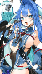  1girl artist_name black_sleeves black_thighhighs blue_dress blue_hair blue_hat blue_nails breasts bridal_legwear china_dress chinese_clothes detached_sleeves double-parted_bangs dragon_girl dragon_tail dress earrings eyelashes fang full_body gotou_(nekocat) hand_up hat highres jewelry light_blush looking_at_viewer medium_breasts medium_hair multiple_views nail_polish no_shoes open_mouth original pelvic_curtain pointy_ears red_rope reference_inset rope ryukakusan sideboob single_hair_intake slit_pupils standing straight-on tail teeth thighhighs thighs toenail_polish toenails tongue tongue_out upper_teeth_only 