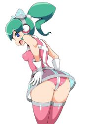 1girl ass blue_eyes calen_(time_bokan) covered_erect_nipples cowboy_shot from_behind gloves green_hair headgear leotard long_hair open_mouth pink_thighhighs ponytail puffy_nipples see-through simple_background skirt solo thighhighs time_bokan_(series) time_bokan_24 white_background zootan rating:Questionable score:50 user:danbooru