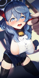  absurdres ako_(blue_archive) bell black_skirt black_thighhighs blue_archive blue_eyes blue_gloves blue_hair blue_halo blue_jacket breasts collar cowbell framed_breasts furrowed_brow garter_straps glaring gloves hair_between_eyes half_gloves halo highres jacket large_breasts leash long_hair long_sleeves looking_at_viewer neck_bell open_mouth pov pov_hands pyytato red_collar shirt sideboob sideless_shirt skindentation skirt teeth thighhighs viewer_holding_leash white_shirt 