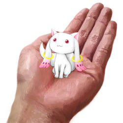  10s :3 close-up creature hand_focus in_palm jewelry kawamoto kawamoto_renge kyubey looking_up mahou_shoujo_madoka_magica mahou_shoujo_madoka_magica_(anime) male_hand minimized red_eyes ring simple_background sitting solo solo_focus white_background 