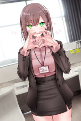  1girl @_@ blush breasts brown_hair brown_jacket brown_skirt collared_shirt commentary_request curtains dutch_angle fine_fabric_emphasis green_eyes hands_up heart heart_hands highres indoors jacket large_breasts long_hair long_sleeves looking_at_viewer miniskirt office office_lady ol-chan_(oouso) oouso open_clothes open_jacket original pantyhose pencil_skirt photo_background pink_pantyhose pink_shirt shadow shiny_clothes shirt sidelocks skirt solo standing swept_bangs thighs translation_request window 