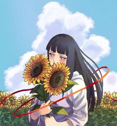  1girl black_hair blue_sky blunt_bangs blush cloud commentary_request day field flower flower_field grey_eyes highres holding holding_flower hood hoodie hyuuga_hinata leaf long_hair looking_at_viewer naruto_(series) no_pupils outdoors plant pnpk_1013 sky solo sunflower upper_body yellow_flower 