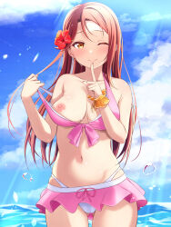  1girl ;) absurdres bikini bikini_pull bikini_skirt bikini_top_pull blue_sky breasts brown_hair closed_mouth clothes_pull cloud collarbone cowboy_shot day flower hair_flower hair_ornament hibiscus highres lens_flare long_hair looking_at_viewer love_live! love_live!_sunshine!! medium_breasts mobukichi nipples one_breast_out one_eye_closed outdoors pink_bikini pulling_own_clothes red_flower sakurauchi_riko sky smile solo standing straight_hair strap_pull summer sunlight swimsuit very_long_hair yellow_eyes 