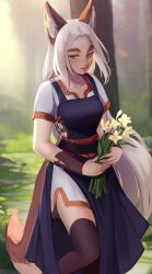 1girl absurdres animal_ear_fluff animal_ears black_thighhighs blue_eyes borrowed_character collarbone commentary day english_commentary flower fox_ears fox_girl fox_tail heterochromia highres holding holding_flower looking_away looking_to_the_side losse_(personal_ami) maewix_(artist) nature original outdoors short_sleeves side_slit smile solo tail thick_eyebrows thighhighs white_hair yellow_eyes rating:General score:17 user:danbooru