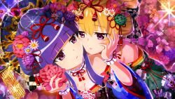  2girls blonde_hair breasts cleavage eye_contact furude_rika hand_on_another&#039;s_cheek hand_on_another&#039;s_face highres higurashi_no_naku_koro_ni higurashi_no_naku_koro_ni_mei houjou_satoko japanese_clothes kimono long_hair looking_at_another medium_breasts multiple_girls non-web_source official_art purple_eyes yuri 