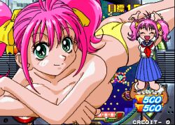  1990s_(style) 1girl arms_up ass bikini breast_press breasts closed_eyes covering_breasts covering_privates crossed_arms game_cg green_eyes hair_ribbon happy jumping large_breasts legs looking_at_viewer lying on_stomach pachinko_sexy_reaction pink_hair retro_artstyle ribbon school_uniform smile sugimoto_miruru swimsuit the_pose thighs topless yellow_bikini 