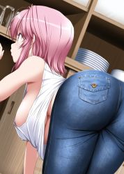 1girl alternate_costume ass bare_arms bare_shoulders bent_over blue_pants breasts cabinet close-up cup denim dishes drinking_glass dutch_angle from_behind hanging_breasts indoors jeans large_breasts legs_together long_hair looking_away no_bra nori_tamago pants pink_hair plate profile red_eyes saigyouji_yuyuko shirt solo tank_top tight_clothes tight_pants touhou underboob upshirt white_shirt rating:Sensitive score:60 user:danbooru