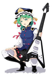 1girl black_footwear black_skirt blue_hat blue_vest boots bright_pupils electric_guitar epaulettes frilled_hat frills full_body gibson_flying_v green_eyes green_hair guitar hat high_heel_boots high_heels highres holding holding_instrument instrument long_sleeves looking_at_viewer open_mouth ribbon-trimmed_skirt ribbon_trim sakamoto_fred shiki_eiki short_hair simple_background skirt solo squatting thighhighs touhou vest white_background white_pupils white_thighhighs