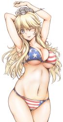 10s 1girl ;p american_flag_bikini american_flag_print armpits arms_up bikini blonde_hair blue_eyes blush breasts cleavage collarbone covered_erect_nipples cowboy_shot eyebrows flag_print grey_hat hat highres iowa_(kancolle) kantai_collection large_breasts navel okutama_tarou one_eye_closed print_bikini revision simple_background skindentation solo standing star-shaped_pupils star_(symbol) star_print stomach striped swimsuit symbol-shaped_pupils tongue tongue_out underboob white_background rating:Questionable score:18 user:danbooru
