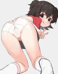  1girl :q absurdres akagi_miria animal_print ass back-print_panties bear_panties bear_print black_hair brown_eyes chocpocalypse from_behind highres idolmaster idolmaster_cinderella_girls kneehighs kneeling kneepits leaning_forward legs loli looking_at_viewer looking_back no_pants no_shoes panties print_panties red_shirt shirt short_hair short_sleeves smile socks solo thighs tongue tongue_out two_side_up underwear v white_panties white_socks 