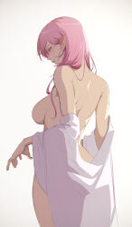  1girl back breasts commentary cowboy_shot elysia_(honkai_impact) english_commentary from_behind gradient_background grey_background highres honkai_(series) honkai_impact_3rd ker0nit0 large_breasts long_hair mole mole_on_back naked_shirt off_shoulder open_clothes open_shirt parted_lips pink_hair pointy_ears shirt solo white_background white_shirt  rating:Questionable score:16 user:danbooru