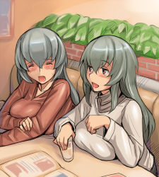 00s 2girls blush breast_rest breasts casual drink closed_eyes huge_breasts long_hair multiple_girls aged_up open_mouth pink_eyes restaurant rozen_maiden siblings silver_hair sisters suigintou sweatdrop tsuda_nanafushi rating:Sensitive score:7 user:danbooru