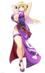  1girl armpits arms_behind_head blonde_hair blue_eyes breasts bursting_breasts choker cleavage commentary_request dress earrings fatal_fury full_body garou:_mark_of_the_wolves highres huge_breasts jenet_behrn jewelry long_hair presenting_armpit purple_choker purple_dress raised_eyebrows shuz_(dodidu) smile solo swept_bangs the_king_of_fighters thigh_strap thighs  rating:Sensitive score:91 user:Vardigiil