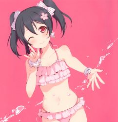  1girl 6u_(eternal_land) absurdres bikini black_hair blush breasts cropped halterneck highres looking_at_viewer love_live! love_live!_school_idol_project m/ one_eye_closed pink_theme red_eyes short_hair simple_background small_breasts smile solo splashing swimsuit third-party_edit twintails waifu2x yazawa_nico  rating:Sensitive score:37 user:zeta9009