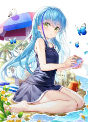  1girl animal bare_arms bare_shoulders barefoot beach beach_towel beach_umbrella bird blue_footwear blue_hair blue_one-piece_swimsuit blush breasts bucket bug butterfly cellphone coconut coconut_tree commentary_request flower fujima_takuya green_eyes hair_between_eyes highres highspeed_etoile holding holding_phone insect komachi_towa long_hair looking_at_viewer multicolored_hair one-piece_swimsuit palm_tree parted_lips phone sand sand_castle sand_sculpture sandals school_swimsuit seagull sitting small_breasts solo streaked_hair swimsuit towel tree trowel umbrella unworn_sandals very_long_hair wariza water white_background white_flower 