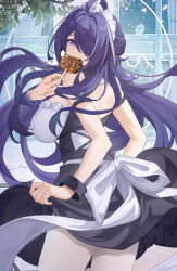  1girl 1other acheron_(honkai:_star_rail) ahoge alternate_costume bare_shoulders black_dress black_wristband blue_eyes blue_hair blush breasts candy catsmoon chinese_commentary commentary_request dress eating fang feeding food from_behind hair_over_one_eye highres holding holding_candy holding_food honkai:_star_rail honkai_(series) large_breasts long_hair looking_at_viewer looking_back maid_headdress one_eye_covered open_mouth pantyhose signature skin_fang thighs white_pantyhose 