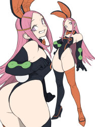  1girl absurdres anemone_(eureka_seven) animal_ears ass black_gloves black_leotard breasts closed_mouth eureka_seven eureka_seven_(series) fake_animal_ears fake_tail gloves hair_ornament hairclip high_heels highleg highleg_leotard highres leotard long_hair looking_at_viewer multicolored_clothes multicolored_legwear pink_hair playboy_bunny purple_eyes rabbit_ears rabbit_tail simple_background smile solo strapless strapless_leotard tail thighhighs toshinoshin white_background 