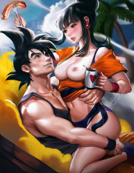 1boy 1girl bikini black_hair blue_panties blunt_bangs blush breasts chi-chi_(dragon_ball) cloud cloudy_sky coffee coffee_mug collarbone couple cup dragon_ball dragonball_z earrings eyelashes food fork hair_bun heart highres husband_and_wife jewelry long_hair looking_at_another meat mug muscular navel nipples open_mouth palm_tree panties sakimichan short_sleeves single_hair_bun sitting sitting_on_lap sitting_on_person sky son_goku spiked_hair sweatband swimsuit tank_top tree underwear wristband rating:Explicit score:91 user:chucky69