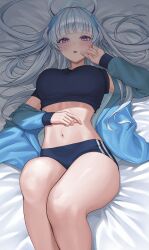  1girl absurdres alternate_costume bad_source blue_archive blue_buruma blue_jacket blue_shirt blue_shorts blunt_bangs blush breasts buruma cropped_shirt embarrassed feet_out_of_frame grey_hair gym_uniform halo highres jacket kangse415 large_breasts long_hair looking_at_viewer lying mechanical_halo navel noa_(blue_archive) off_shoulder on_back on_bed open_clothes open_jacket open_mouth purple_eyes shirt short_sleeves shorts solo stomach sweatdrop 