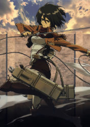 1girl absurdres black_eyes black_hair boots breasts cleaned closed_mouth cloud coat cropped_jacket day hair_between_eyes highres holding holding_weapon impossible_clothes impossible_shirt isayama_hajime long_sleeves looking_at_viewer mikasa_ackerman official_art pants red_scarf scarf shingeki_no_kyojin shirt short_hair sky solo standing sword three-dimensional_maneuver_gear wall weapon rating:Sensitive score:18 user:danbooru