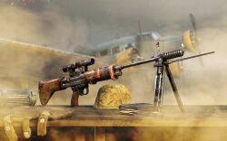 3d aircraft airplane alexander_yartsev ammunition battle_rifle bayonet bipod blurry blurry_background bomber camouflage camouflage_headwear combat_helmet commentary dust english_commentary fg_42 game_cg gas_mask_canister german_text grey_sky gun helmet highres light_particles luftwaffe magazine_(weapon) military military_vehicle motor_vehicle no_humans pouch propeller rifle rifle_cartridge scope sky still_life translated vehicle_request weapon weapon_focus weapon_name world_of_guns:_gun_disassembly world_war_ii