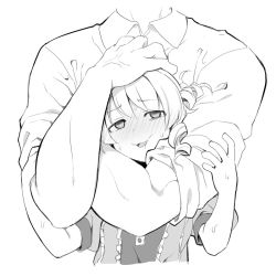 1boy 1girl asphyxiation bad_id bad_twitter_id blush choke_hold cropped_torso dress drill_hair greyscale hand_on_another&#039;s_head head_out_of_frame headlock idolmaster idolmaster_cinderella_girls medium_hair monochrome morikubo_nono nose_blush open_mouth producer_(idolmaster) ringlets ryona simple_background sleeves_rolled_up strangling sweat uccow upper_body veins rating:Sensitive score:206 user:danbooru