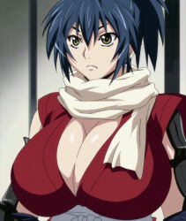  1girl blue_hair breasts cleavage female_focus highres hoods_entertainment huge_breasts manyuu_chifusa manyuu_hikenchou scarf screencap solo stitched takagi_jun third-party_edit upper_body yellow_eyes 