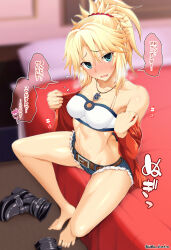  1girl ass bandeau bare_shoulders barefoot belt blonde_hair blush boots braid breasts cleavage collarbone covered_erect_nipples cutoffs denim denim_shorts fang fate/apocrypha fate_(series) feet french_braid full-face_blush green_eyes hair_ornament hair_scrunchie highres jacket jewelry legs long_hair looking_at_viewer medium_breasts micro_shorts midriff mordred_(fate) mordred_(fate/apocrypha) mordred_(memories_at_trifas)_(fate) navel necklace off_shoulder on_bed open_clothes open_jacket open_mouth parted_bangs pendant ponytail red_jacket red_scrunchie scrunchie shoes shorts sitting solo stomach thighs translated unadon unworn_boots unworn_shoes wavy_mouth  rating:Sensitive score:32 user:danbooru