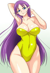  1990s_(style) 1girl aqua_eyes arm_support arm_up armpits bare_shoulders barefoot blue_eyes blush breasts cameltoe cleavage collarbone enix female_focus final_fantasy final_fantasy_vii highleg hip_focus kageneko large_breasts leotard lipstick long_hair looking_at_viewer makeup midriff navel one-piece_swimsuit pointy_ears pollensalta purple_hair retro_artstyle shiny_skin smile solo square_enix strapless strapless_one-piece_swimsuit striped swimsuit thighs very_long_hair wide_hips  rating:Sensitive score:27 user:taffi