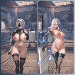  2b_(nier:automata) 2girls a2_(nier:automata) android animated asymmetrical_legwear bare_shoulders black_footwear black_gloves black_thighhighs blindfold boots bouncing_breasts breasts cleft_of_venus elbow_gloves facing_viewer gloves goddess_of_victory:_nikke hair_over_one_eye hairband huge_breasts large_breasts live2d looking_at_viewer medium_hair multiple_girls nier:automata nier_(series) nipples nude_filter pod_(nier:automata) pubic_tattoo pussy sei_reiko short_hair sound standing tattoo thigh_boots thigh_gap thighhighs thighhighs_under_boots third-party_edit video white_hair wide_hips  rating:Explicit score:147 user:Cubone44