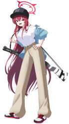  1girl :d absurdres alternate_costume baseball_cap blue_archive blue_cardigan brown_pants cardigan cargo_pants casual commentary_request gun hair_between_eyes halo hand_on_own_hip hat highres incredibly_absurdres kokolokokomika long_hair long_sleeves looking_at_viewer open_cardigan open_clothes open_mouth pants pump_action rabu_(blue_archive) red_eyes red_hair remington_870 sharp_teeth shirt shoes shotgun sidelocks simple_background smile sneakers solo t-shirt teeth weapon white_background white_shirt 