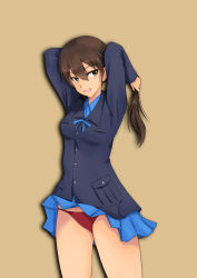  1girl absurdres adjusting_hair angela_salas_larrazabal arms_behind_head blue_jacket blue_shirt blue_skirt breasts brown_eyes brown_hair commentary english_commentary highres isosceles_triangle_(xyzxyzxyz) jacket long_hair looking_at_viewer medium_breasts panties red_panties shirt skirt smile solo strike_witches strike_witches:_kurenai_no_majo-tachi tan tan_background thighs underwear wind wind_lift world_witches_series 