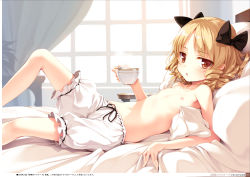 1girl :o absurdres bare_legs bed blonde_hair bloomers blush bow chestnut_mouth collarbone cup drill_hair flat_chest hair_bow highres holding indoors ke-ta loli long_hair looking_at_viewer luna_child lying navel nipples no_headwear no_wings non-web_source on_back on_bed pillow red_eyes ribbon-trimmed_underwear ribbon_trim short_hair solo steam table teacup topless touhou translation_request underwear underwear_only white_bloomers window rating:Questionable score:113 user:danbooru