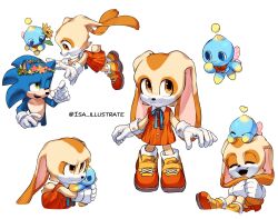 1boy 1girl 1other angry artist_request blue_fur brown_fur chao_(sonic) cheese_(sonic) closed_eyes cream_the_rabbit flower flower_on_head gloves orange_eyes shoes skirt smile sonic_(series) sonic_the_hedgehog source_request white_background wings 