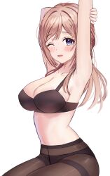  1girl ;d absurdres armpits arms_up black_bra black_panties black_pantyhose blush bra breasts brown_hair cleavage commentary english_commentary floris_(saber13) gakuen_idolmaster highres himesaki_rinami idolmaster large_breasts long_hair looking_at_viewer navel one_eye_closed open_mouth panties pantyhose simple_background smile solo stomach underwear white_background 