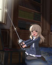  1girl blonde_hair blue_jacket book commentary_request highres holding holding_weapon jacket kaneko_(novram58) open_mouth perrine_h._clostermann rapier solo strike_witches sword treasure_chest weapon world_witches_series yellow_eyes aged_down 