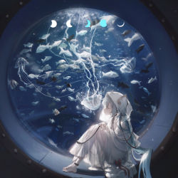 1girl ahoge air_bubble ankle_cuffs barefoot bow bubble capelet choker commentary dress english_commentary from_side hair_ornament hair_through_headwear hatsune_miku highres hood hood_up hooded_capelet indoors jellyfish knees_up konya_karasue long_hair long_sleeves moon_phases neck_ribbon ocean orca profile red_bow ribbon round_window school_of_fish see-through_silhouette sitting sitting_in_window solo very_long_hair vocaloid white_capelet white_dress window rating:General score:7 user:danbooru